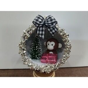 Monkey Christmas Ornament Handmade Vtg Style OOAK Shatterproof Diorama Scene O7